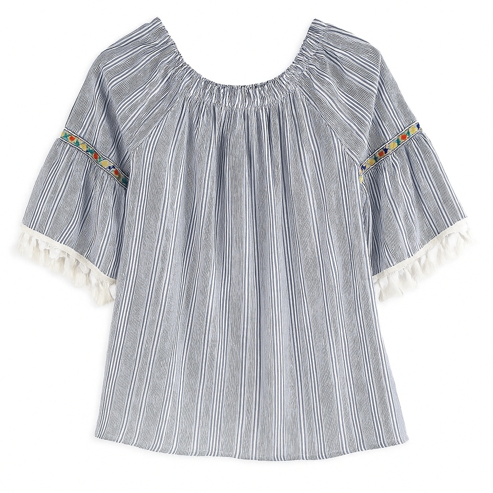 Arizona Jean Co Boho Striped Peasant Blouse XL 16 Tassel Sleeve Embroidered Trim